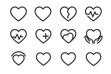Set of linear heart icons on dark background for health and wellness themes