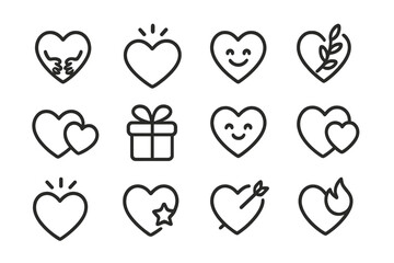 Minimalistic heart icons set with various designs and expressions