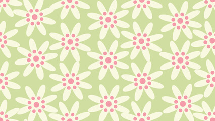Repeating pattern of stylized white flowers with pink centers on a light green background