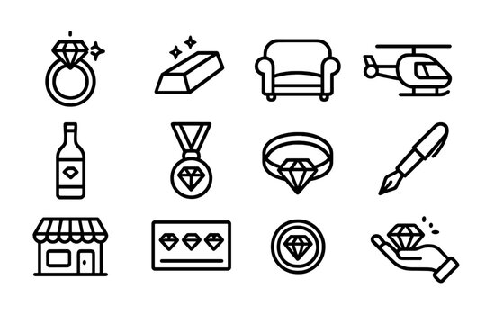 Elegant linear icons of luxury items including jewelry and symbols