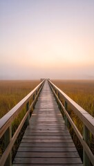 Obraz premium Sunrise boardwalk photography, wooden path through marshland landscape, nature photography