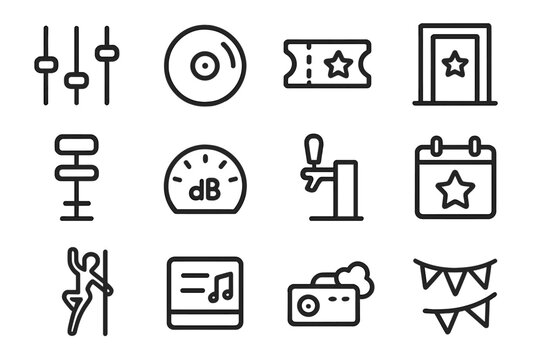 Set of linear music and event icons with black outline on dark background