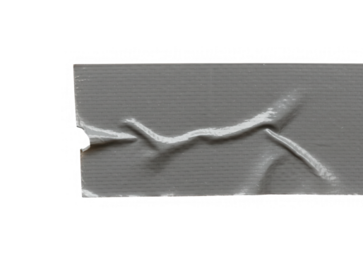 A piece of gray duct tape shows its wrinkled texture, isolated on a transparent background