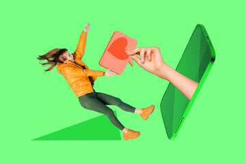 Image full pop trend collage of happy girl guy stand phone peek hand hold heart like reaction...