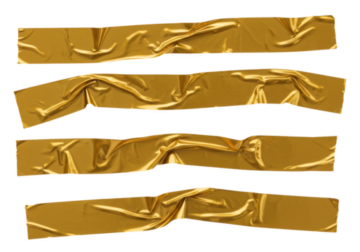 A collection of four gold duct tape strips are isolated on a transparent background, showing wrinkled textures