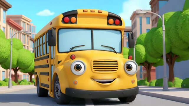 A cheerful cartoon school bus drives along sunny city streets. Ideal for children's content. Ideal for projects related to transport and childhood.