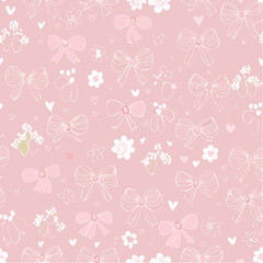 Seamless vector pattern with cute coquette bows, ribbons, flowers, cherry, hearts. Elegant vintage background in pastel pink color. Hand drawn line art girly wallpaper, wrapping paper, ...