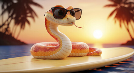 Orange snake wearing sunglasses sits on surfboard at sunset, tropical beach background.  Illustrative, summer vacation concept.