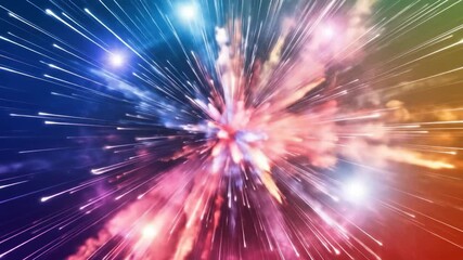 Exploding starburst with colorful light trails and energy, an abstract burst design. - Powered by Adobe