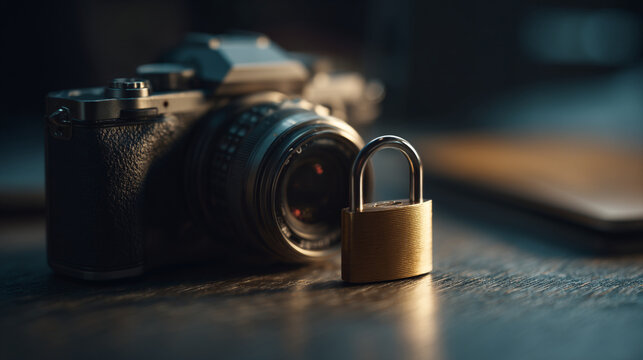 A camera with a padlock sitting on a table highlighting security and data protection concerns today