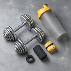 A set of fitness equipment, including dumbbells, and a shaker bottle, on a textured gray surface.