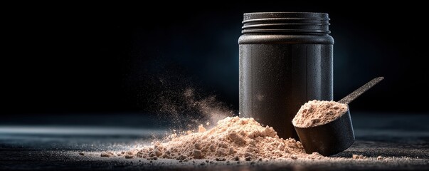 Protein powder jar and scoop with a pile of powder, healthy lifestyle concept