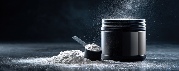 Protein powder container, scoop, and falling powder in a striking dark scene, a fitness product.