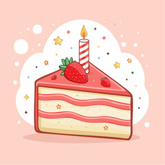 Hand drawn piece of strawberry cake with candle. Whimsical doodle dessert illustration. Coquette bakery item. Line art sweet pastry food. Vector ...