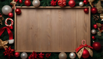 A festive Christmas frame with a blank wooden center copy space for text, surrounded by lush green fir branches, red and white ornaments, ribbons, and candy canes. Ideal for holiday greetings.