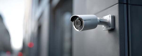 A modern security camera keeps watch on an urban building, ensuring constant surveillance.