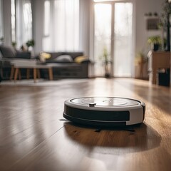 A robot vacuum cleaner is cleaning a hardwood floor in a modern living room.