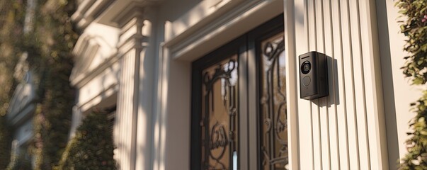 A modern black security camera on a luxurious house's exterior wall.