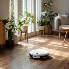 Robot vacuum cleaner working on a wooden floor in a bright and modern living room.