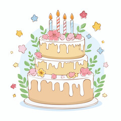 Hand drawn round cake with glazed top, candles and flowers decorations. Whimsical doodle dessert for birthday, wedding, anniversary. Coquette bakery item. Line art sweet pastry food. Vector ...
