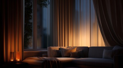 A tranquil living room scene with warm, inviting light at dusk.