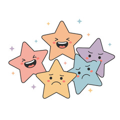Five Pastel Stars with Diverse Emotions: Happy, Sad, and Neutral Expressions