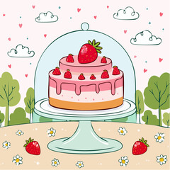 Hand drawn strawberry cake on a stand with glass dome. Whimsical doodle dessert illustration. Coquette bakery item. Line art sweet pastry food. Vector ...