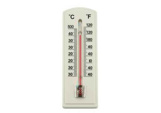 A white plastic thermometer showing temperature in both celsius and fahrenheit, isolated on white isolated on transparent background