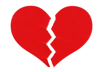A red paper heart is torn in half, symbolizing heartbreak and the end of a relationship isolated on transparent background