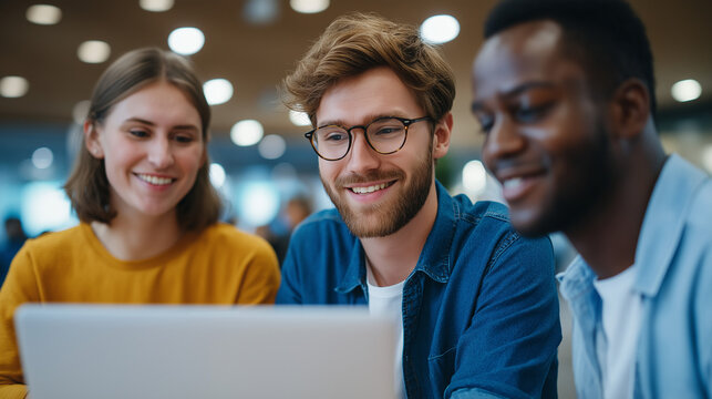 Young coworkers collaborating on ideas in modern coworking space