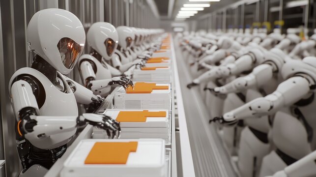 Automated manufacturing line with many robots working in a factory