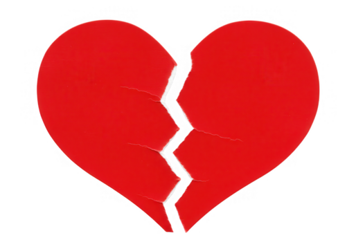 A red paper heart is torn in half, symbolizing heartbreak and the end of a relationship isolated on transparent background