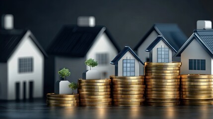 Miniature houses on stacks of coins, signifying real estate investment