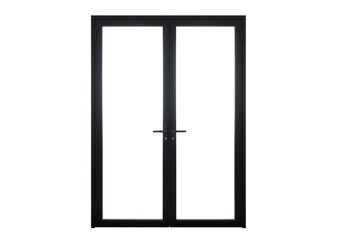 A modern black double door with glass panels stands isolated against a transparent background