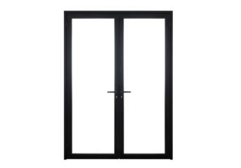 A modern black double door with glass panels stands isolated against a transparent background