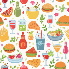 Seamless vector banner with hand drawn whimsical illustrations of food and drinks. Background with doodle drawings of italian and french food, cocktails, flowers and decor. Coquette line art pattern