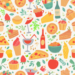 Seamless vector banner with hand drawn whimsical illustrations of food and drinks. Background with doodle drawings of italian and french food, cocktails, flowers and decor. Coquette line art pattern