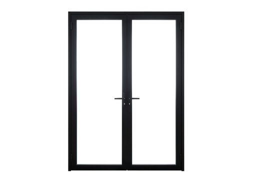 A modern black double door with glass panels stands isolated against a transparent background
