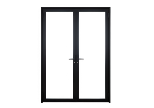 A modern black double door with glass panels stands isolated against a transparent background