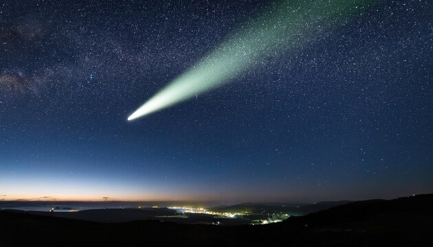 Bright comet streaks through starry night sky