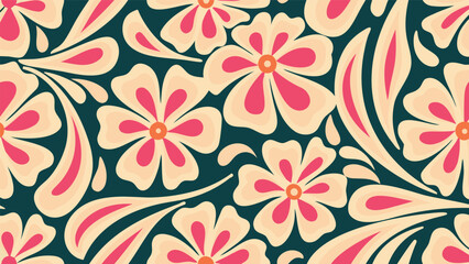Obraz premium Floral pattern with light yellow petals and pink accents on a dark teal background creating a seamless design
