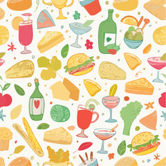 Seamless vector banner with hand drawn whimsical illustrations of food and drinks. Background with doodle drawings of italian and french food, cocktails, flowers and decor. Coquette line art pattern