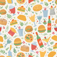Seamless vector banner with hand drawn whimsical illustrations of food and drinks. Background with doodle drawings of italian and french food, cocktails, flowers and decor. Coquette line art pattern