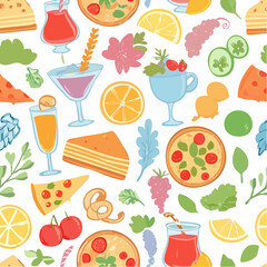 Seamless vector banner with hand drawn whimsical illustrations of food and drinks. Background with doodle drawings of italian and french food, cocktails, flowers and decor. Coquette line art pattern