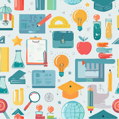 Vector banner with online education doodle symbols. Learning, knowlege, skill concept. Seamless background with math, physics, chemistry, icons. School and university ...