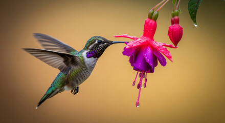 Fototapeta premium Hummingbird in flight, feeding from fuchsia flower, wings blurred, showcasing vibrant colors and natural grace, representing wildlife beauty and nature's balance