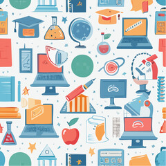 Vector banner with online education doodle symbols. Learning, knowlege, skill concept. Seamless background with math, physics, chemistry, icons. School and university ...