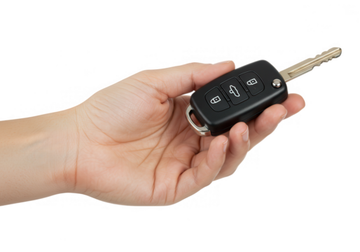 A hand holds a modern car key with remote control, isolated on a transparent background