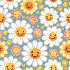 Seamless vector pattern with happy flower stickers. Cute daisy with smiling face on background. Positive groovy graphic for wallpaper, wrapping paper, ...