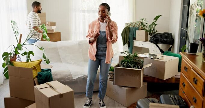 Moving in, boxes or woman with stress for phone call with delivery mistake, shipping damage or angry. Couple, people or speaking to furniture removal service for lost items, relocation and complaint